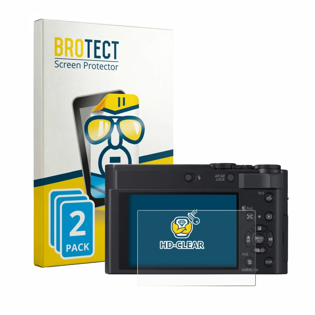 Front side of a product packaging with the brand logo BROTECT. Next to it is the device Panasonic Lumix DC-TZ300 shown with th