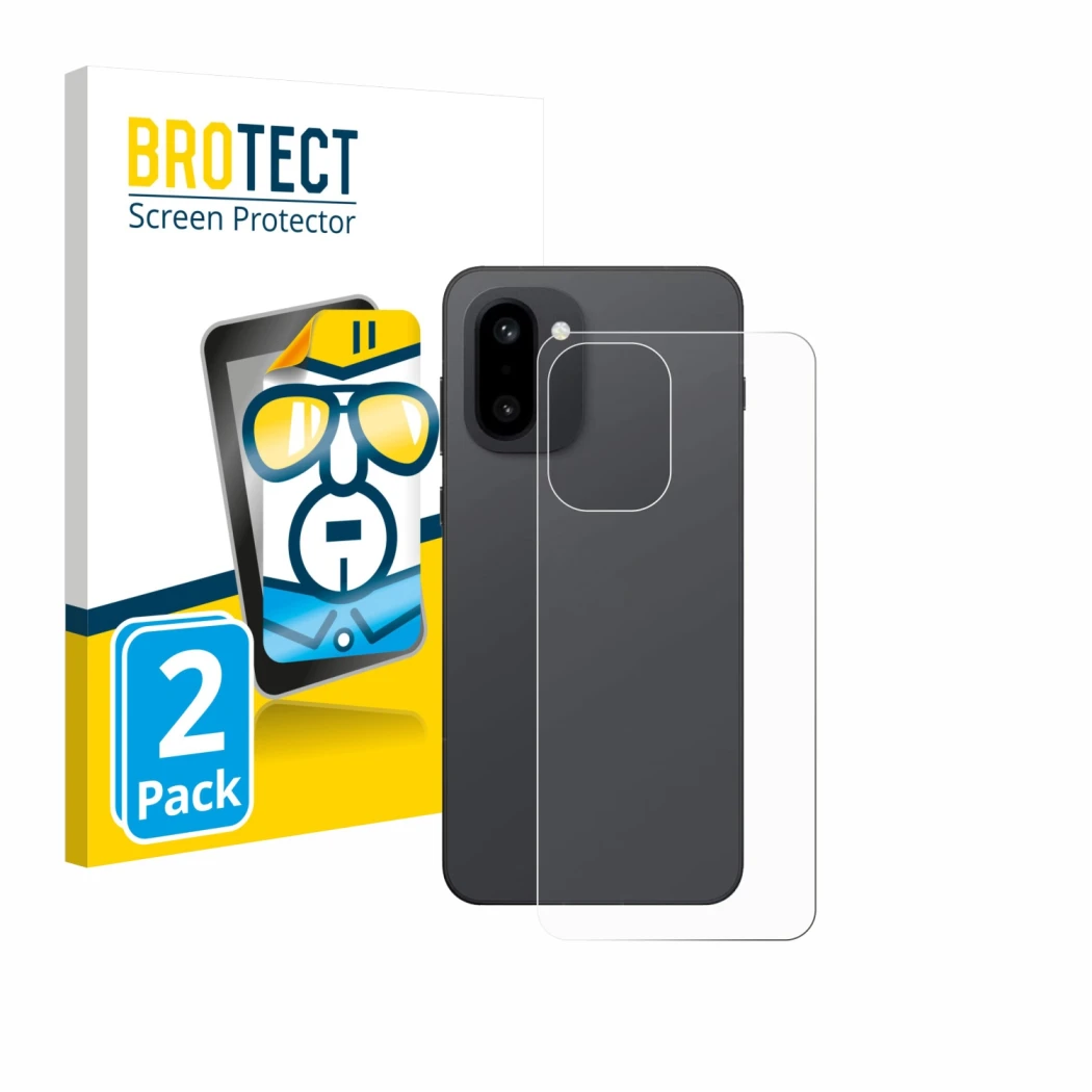 Front side of a product packaging with the brand logo BROTECT. Next to it is the device OnePlus 15R (Back) shown with the corr