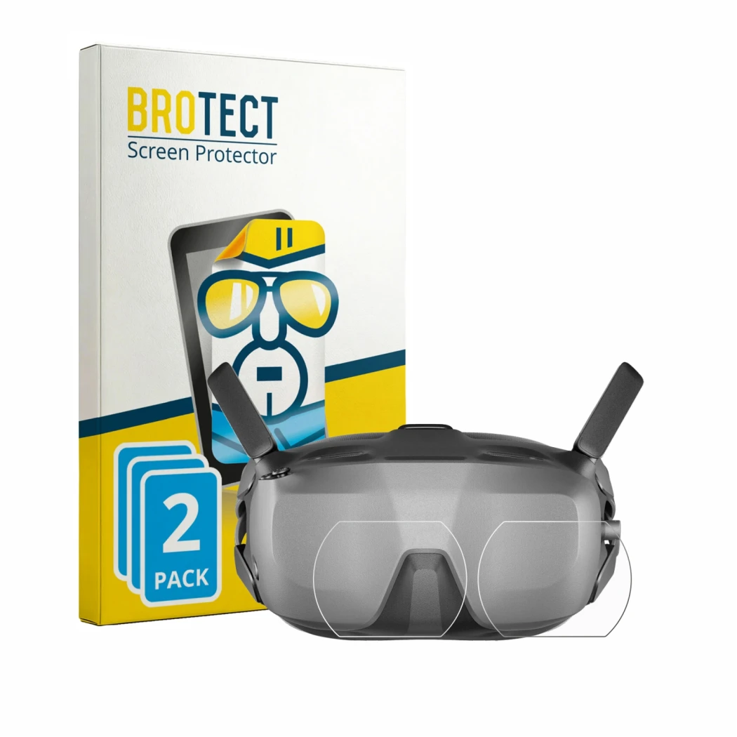 Front side of a product packaging with the brand logo BROTECT. Next to it is the device DJI Goggles N3 (Lens) shown with the c