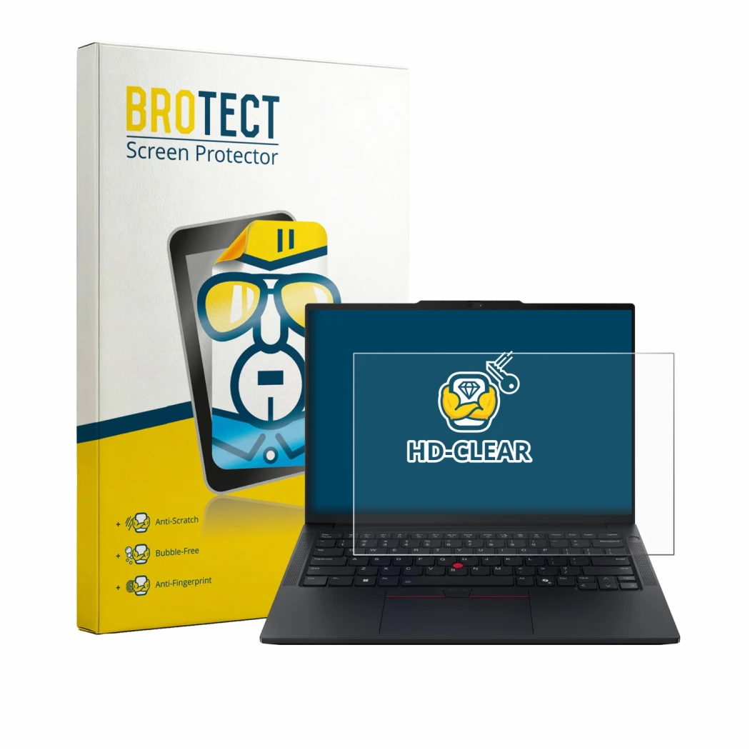 Front side of a product packaging with the brand logo BROTECT. Next to it is the device Lenovo ThinkPad E14 Gen 8 shown with t