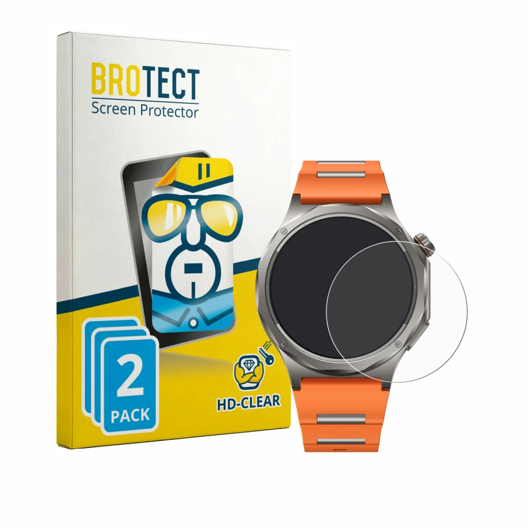 Front side of a product packaging with the brand logo BROTECT. Next to it is the device Oppo Watch X3 shown with the correspon