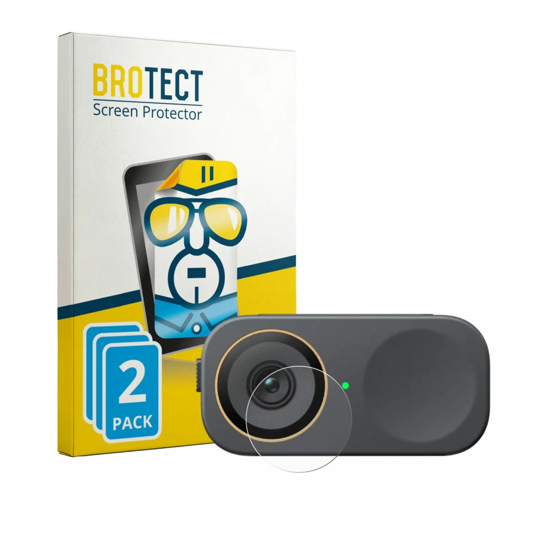 Front side of a product packaging with the brand logo BROTECT. Next to it is the device Insta360 Link 2C Pro (Lens) shown with