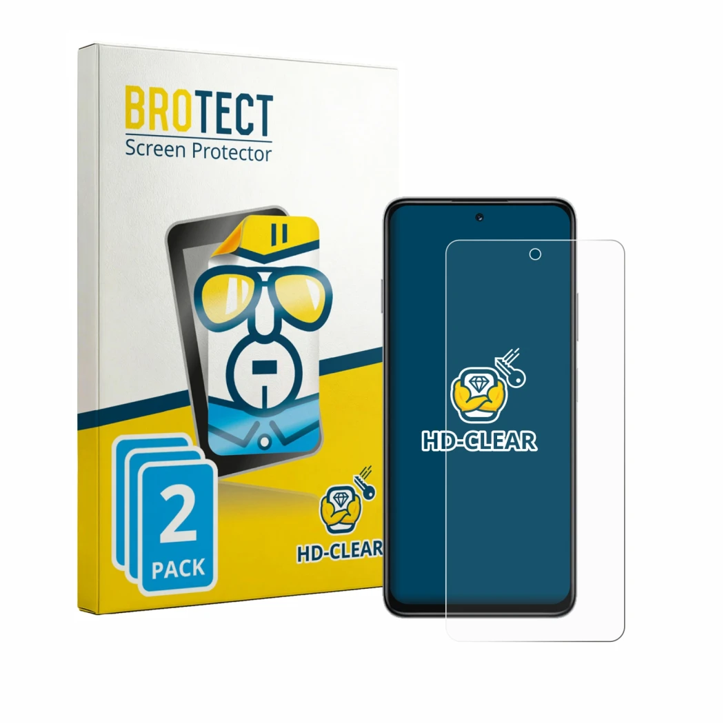 Front side of a product packaging with the brand logo BROTECT. Next to it is the device Huawei Enjoy 90 Plus shown with the co