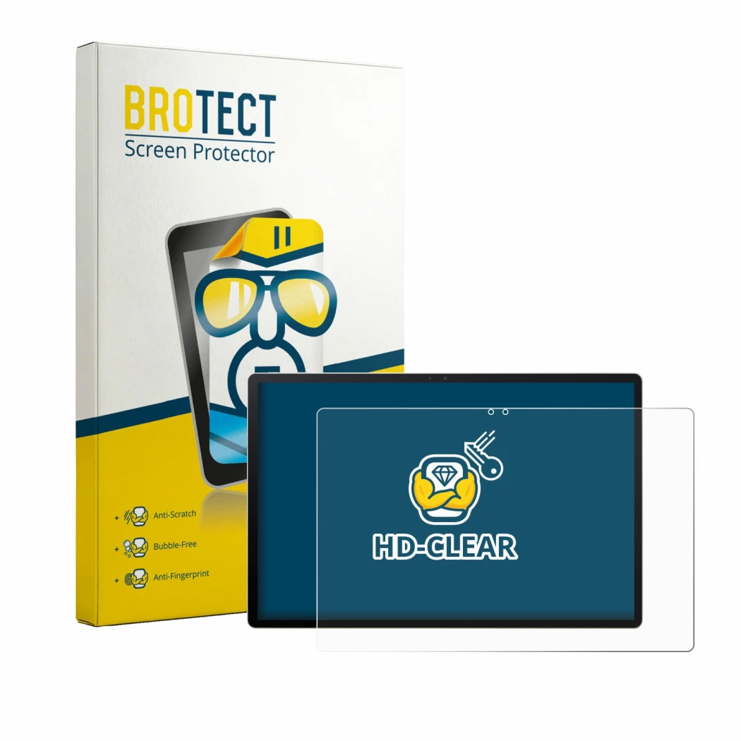 Front side of a product packaging with the brand logo BROTECT. Next to it is the device Acer Iconia A16 shown with the corresp