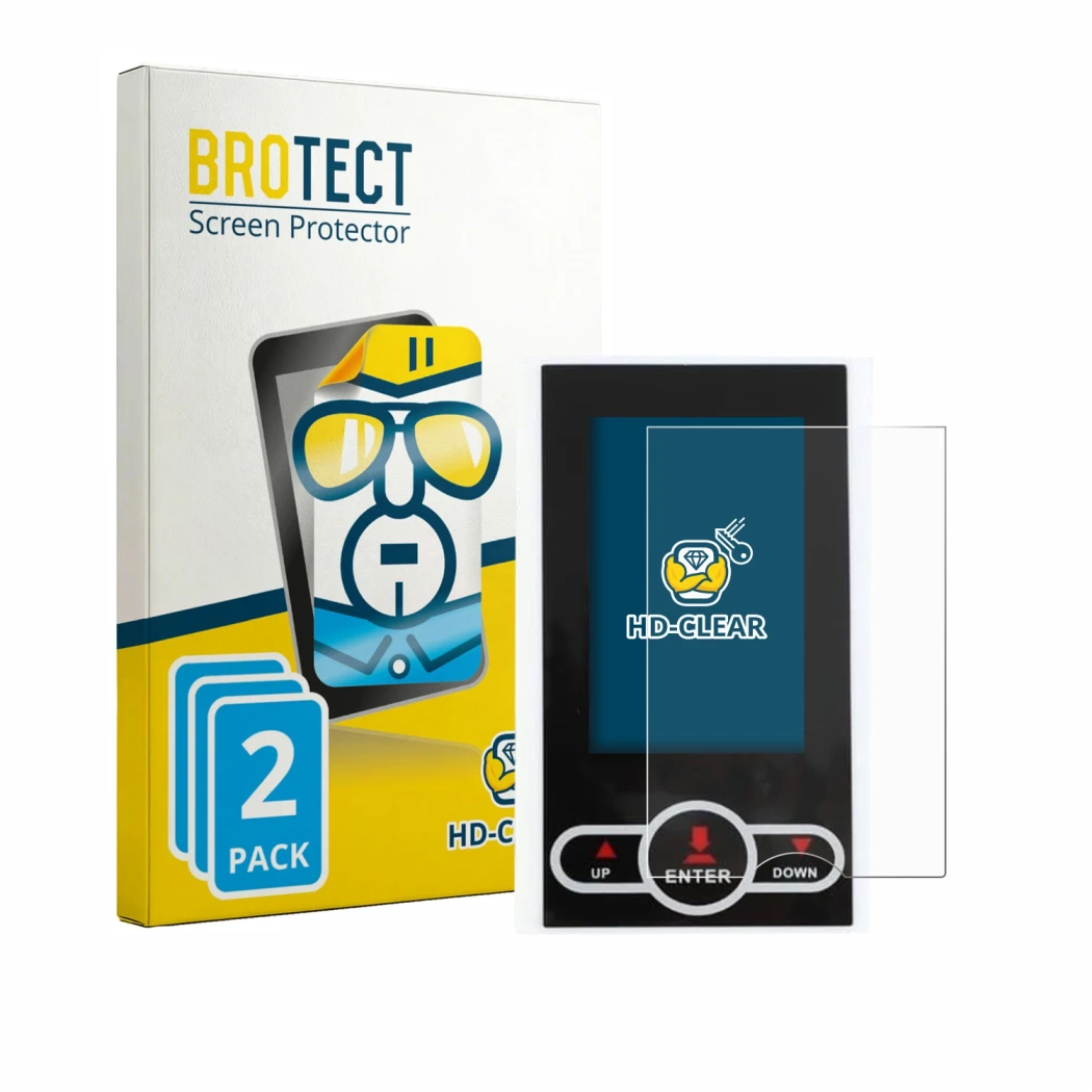 Front side of a product packaging with the brand logo BROTECT. Next to it is the device QuivyLivy Speedometer shown with the c