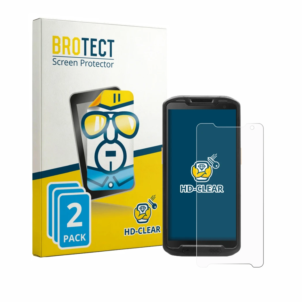Front side of a product packaging with the brand logo BROTECT. Next to it is the device Point Mobile PM84P shown with the corr