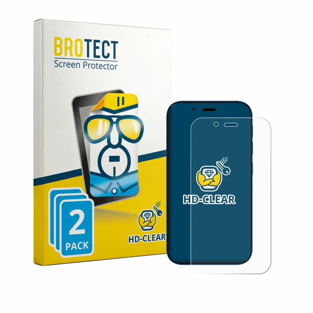 Front side of a product packaging with the brand logo BROTECT. Next to it is the device Hisense U964 shown with the correspond