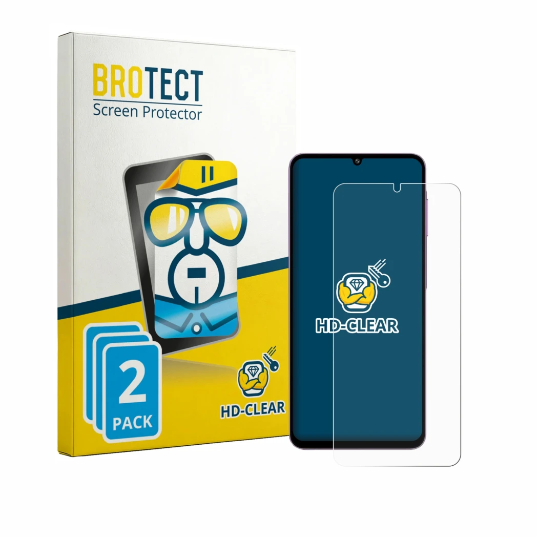 Front side of a product packaging with the brand logo BROTECT. Next to it is the device Samsung Galaxy M17e shown with the cor