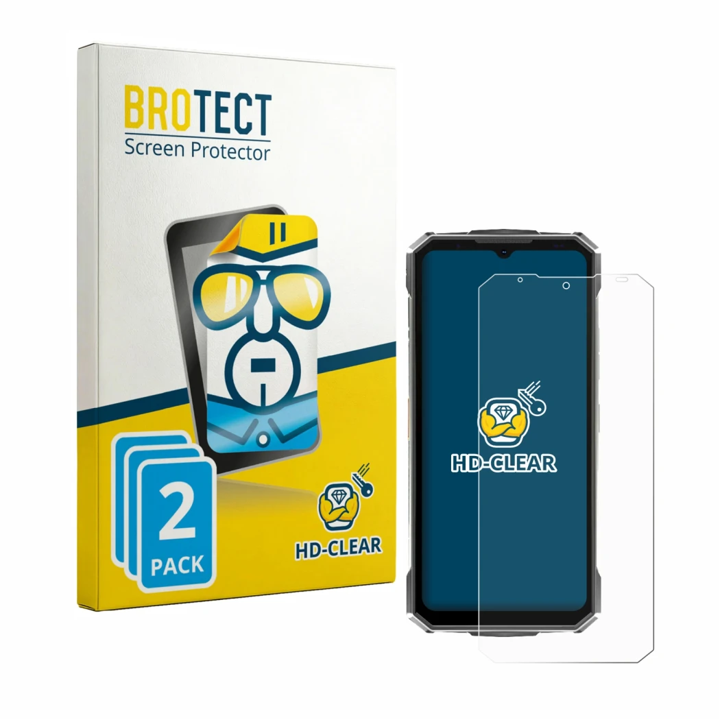 Front side of a product packaging with the brand logo BROTECT. Next to it is the device Doogee Fire 7 Ultra shown with the cor