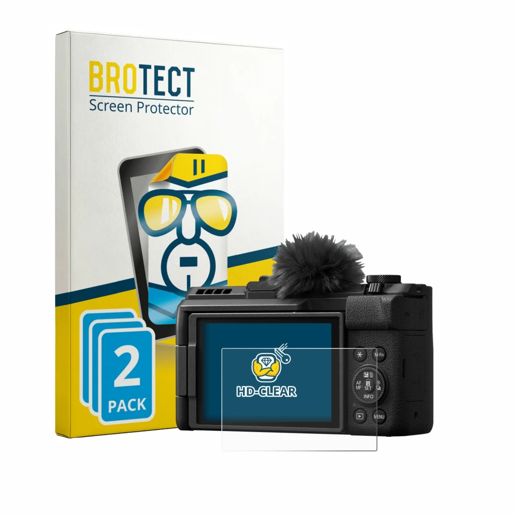 Front side of a product packaging with the brand logo BROTECT. Next to it is the device Canon PowerShot V1 Premium shown with