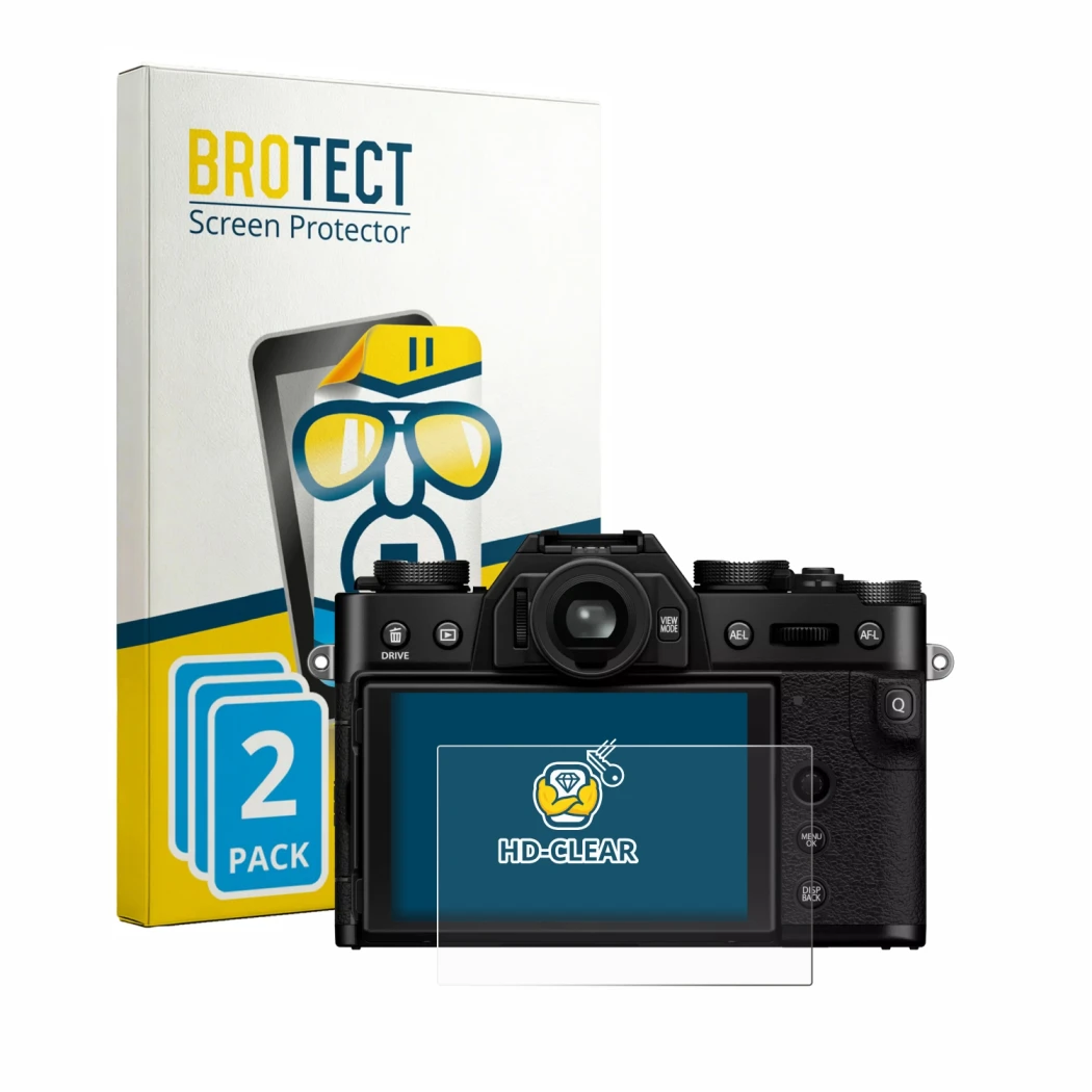 Front side of a product packaging with the brand logo BROTECT. Next to it is the device Fujifilm X-T30 III shown with the corr