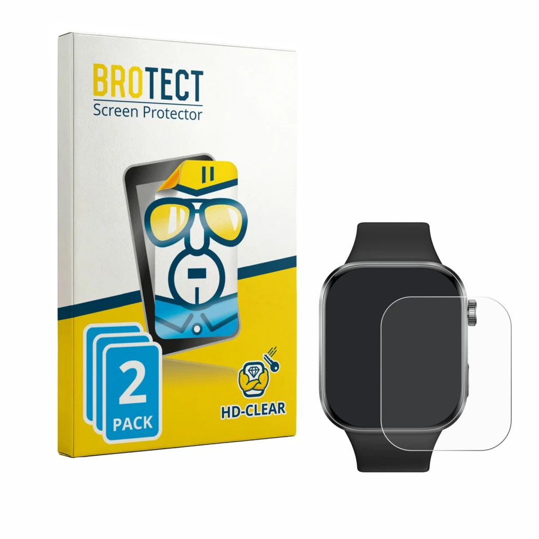 Front side of a product packaging with the brand logo BROTECT. Next to it is the device Xiaomi Redmi Watch 6 shown with the co