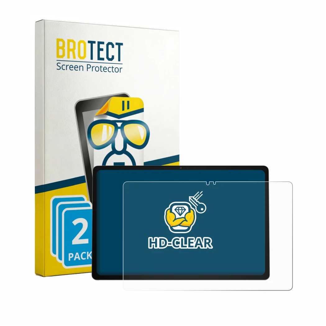 Front side of a product packaging with the brand logo BROTECT. Next to it is the device ASUS Chromebook CM32 shown with the co