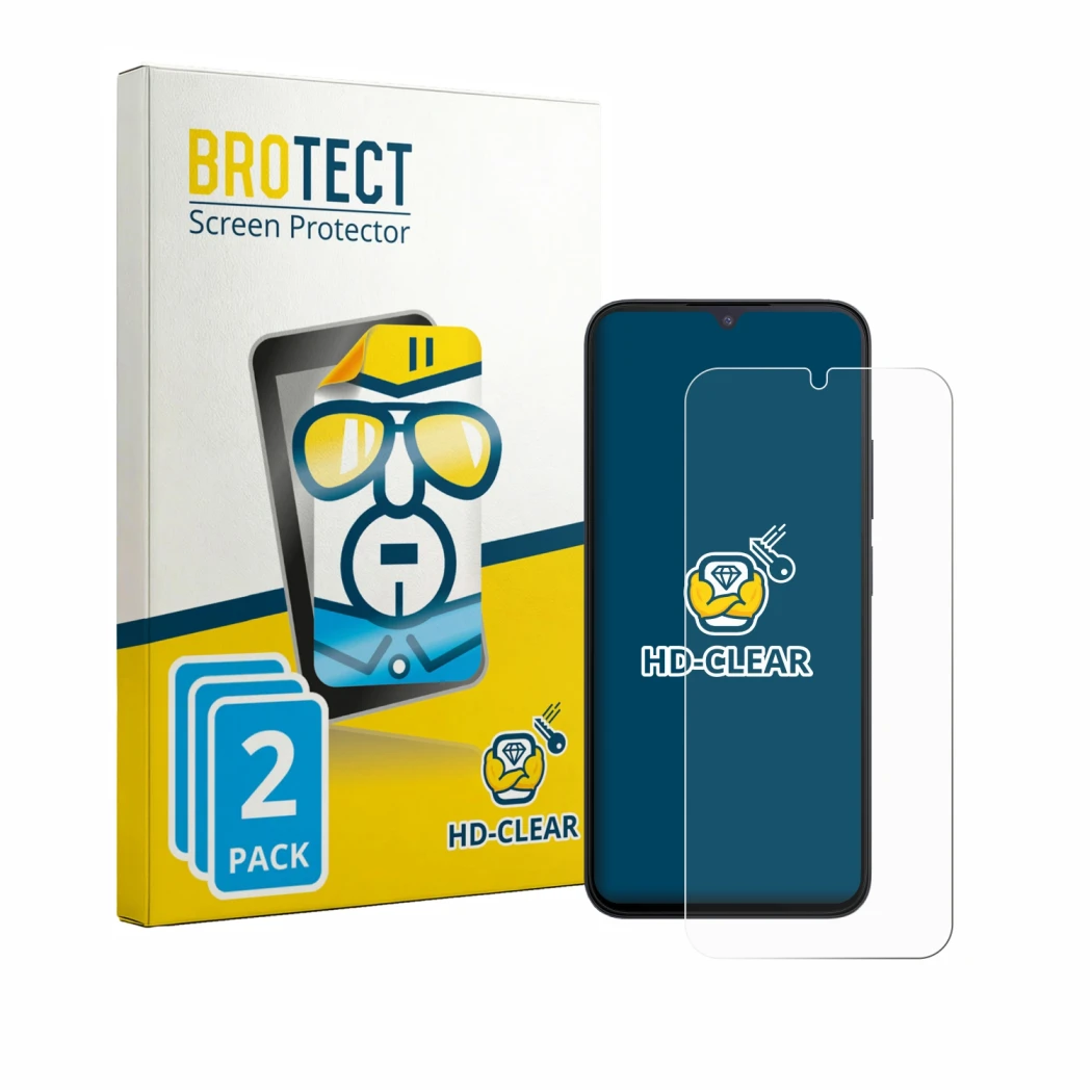 Front side of a product packaging with the brand logo BROTECT. Next to it is the device Xiaomi Redmi A7 shown with the corresp