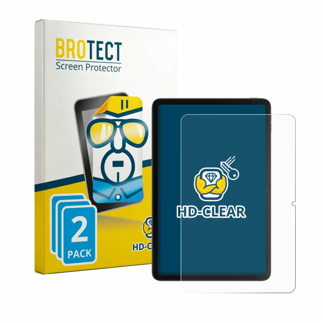 Front side of a product packaging with the brand logo BROTECT. Next to it is the device Xiaomi Redmi Pad 2 9.7 shown with the