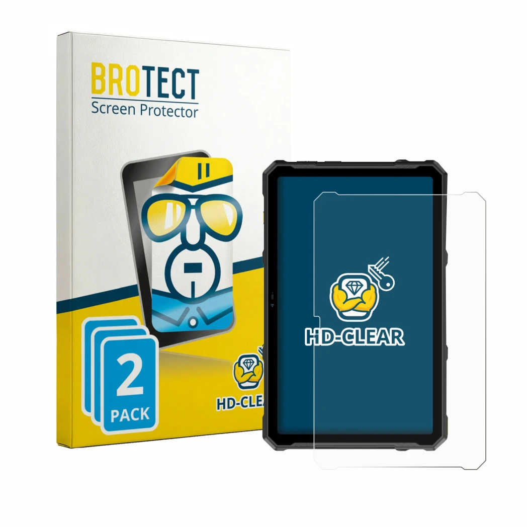 Front side of a product packaging with the brand logo BROTECT. Next to it is the device Ulefone Armor Pad 4T Ultra shown with
