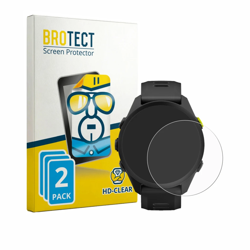 Front side of a product packaging with the brand logo BROTECT. Next to it is the device Garmin Forerunner 70 shown with the co