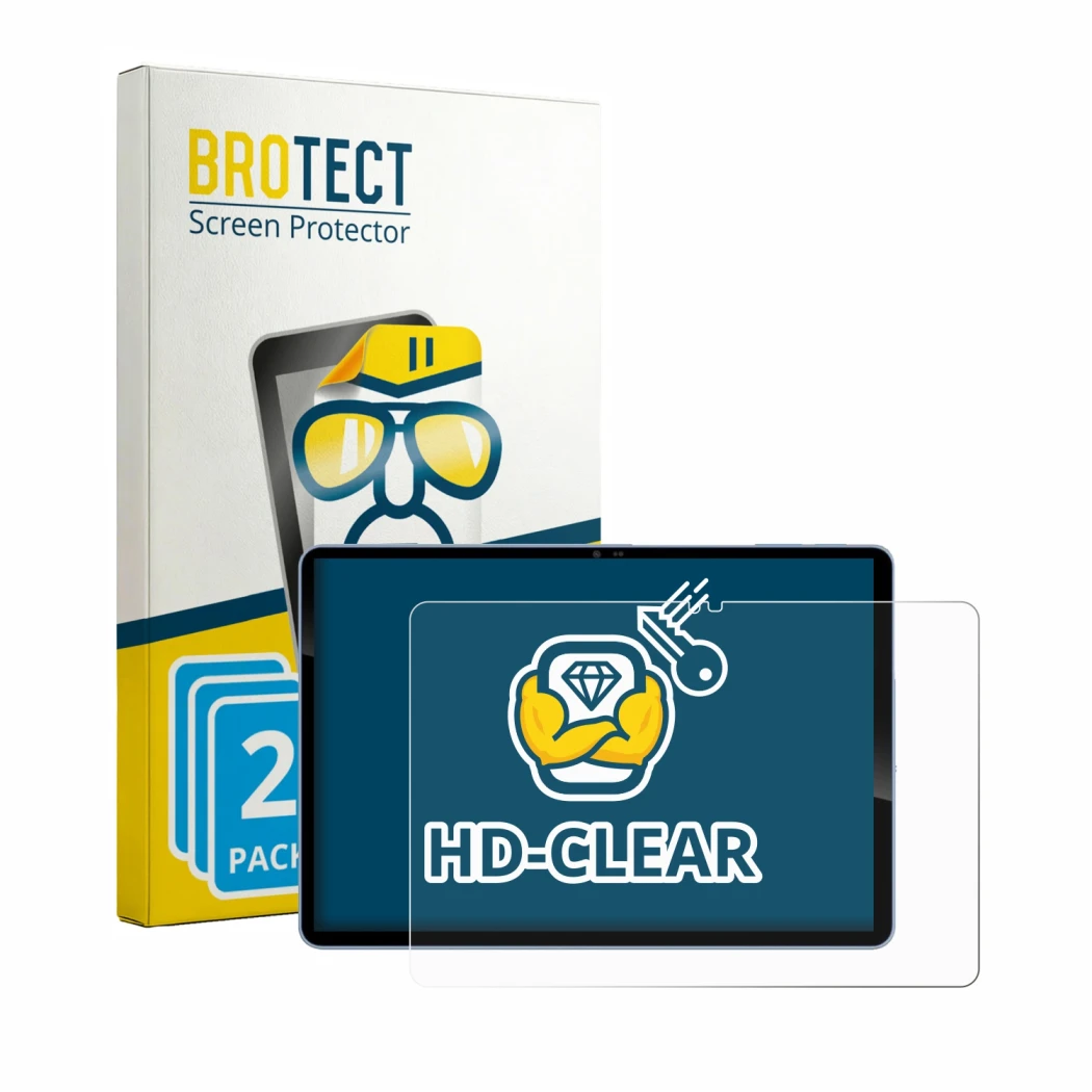 Front side of a product packaging with the brand logo BROTECT. Next to it is the device Acer Iconia iM11 shown with the corres