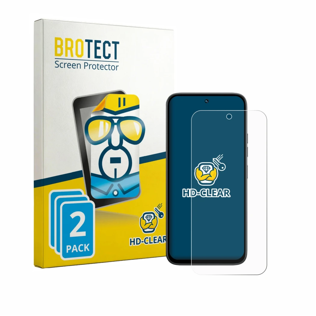 Front side of a product packaging with the brand logo BROTECT. Next to it is the device Tecno Spark 50 4G shown with the corre