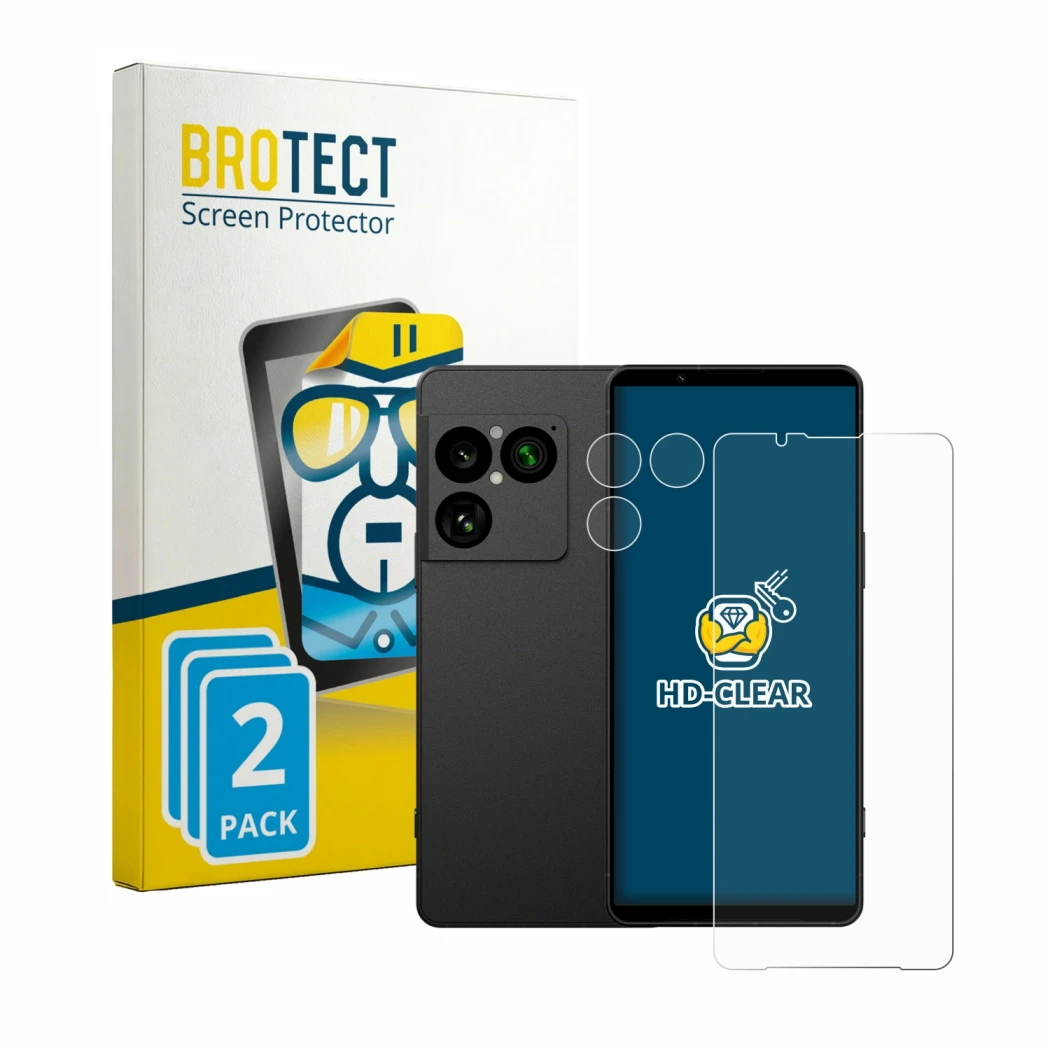 Front side of a product packaging with the brand logo BROTECT. Next to it is the device Sony Xperia 1 VIII (Front+Camera) show