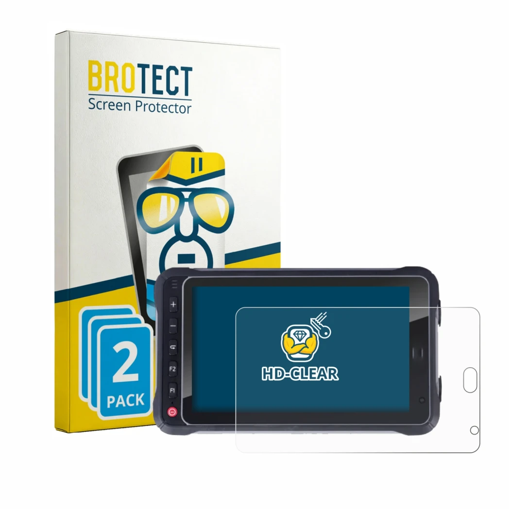 Front side of a product packaging with the brand logo BROTECT. Next to it is the device Hugerock X72 shown with the correspond