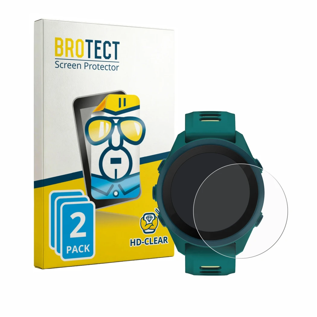 Front side of a product packaging with the brand logo BROTECT. Next to it is the device Garmin Forerunner 170 Music shown with