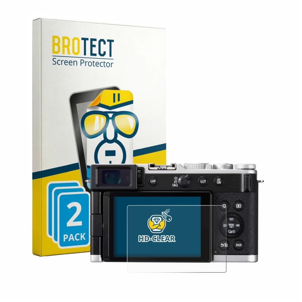 Front side of a product packaging with the brand logo BROTECT. Next to it is the device Panasonic Lumix DC-L10 shown with the 