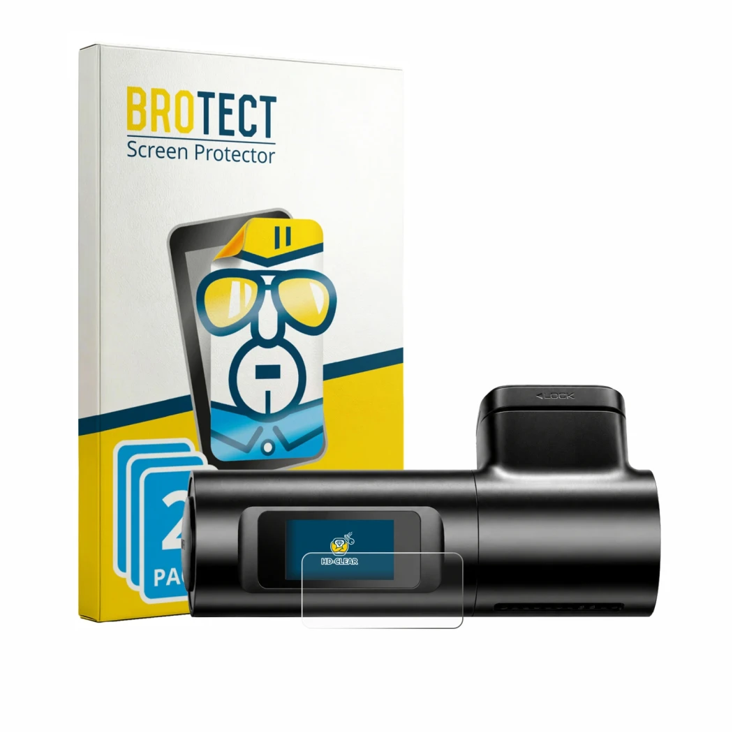 Front side of a product packaging with the brand logo BROTECT. Next to it is the device Azdome M330 Max shown with the corresp
