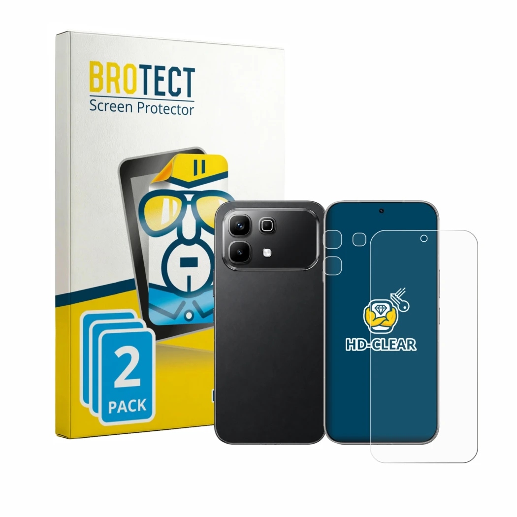 Front side of a product packaging with the brand logo BROTECT. Next to it is the device Infinix Note 60 (Front+Camera) shown w