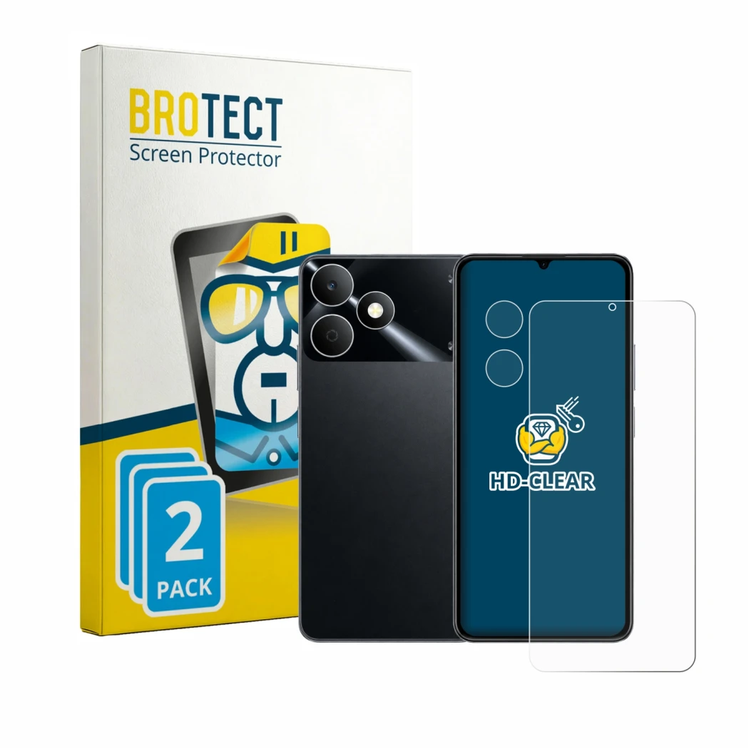 Front side of a product packaging with the brand logo BROTECT. Next to it is the device realme Note 80 (Front+Camera) shown wi