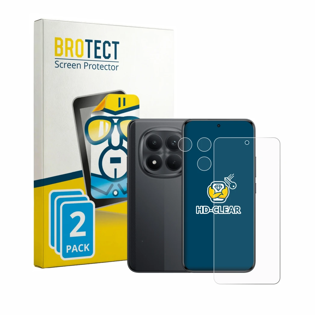 Front side of a product packaging with the brand logo BROTECT. Next to it is the device Xiaomi Poco M8 (Front+Camera) shown wi