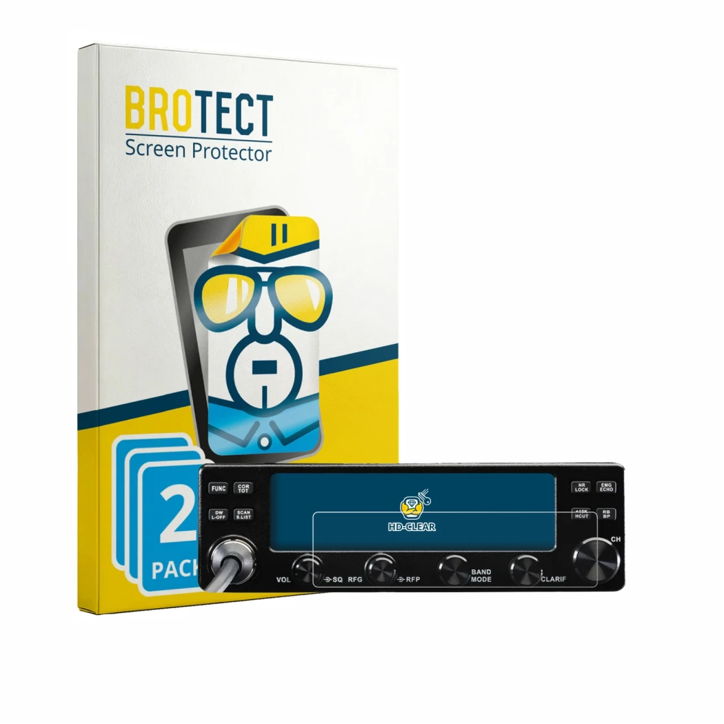 Front side of a product packaging with the brand logo BROTECT. Next to it is the device Midland 8001 Pro shown with the corres