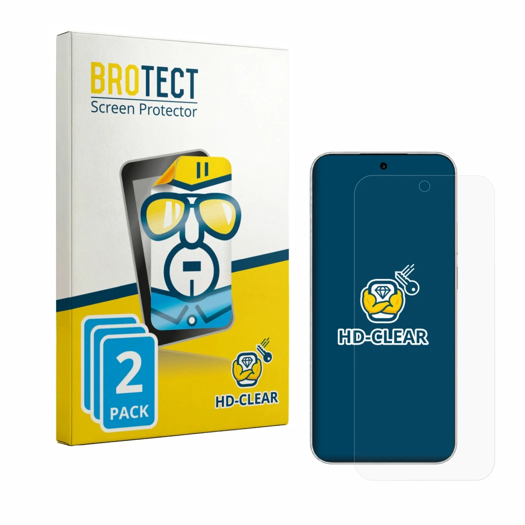 Front side of a product packaging with the brand logo BROTECT. Next to it is the device Huawei Nova 16 shown with the correspo