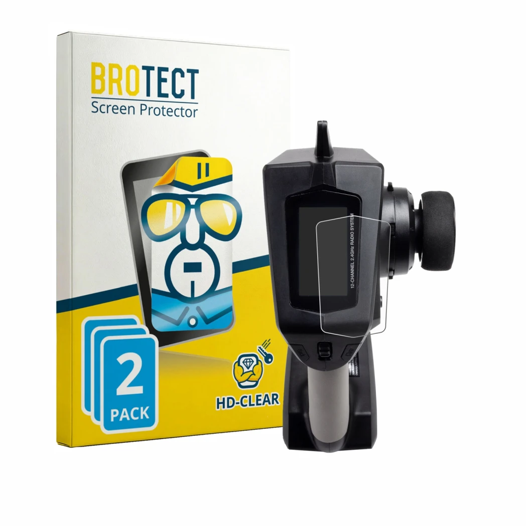 Front side of a product packaging with the brand logo BROTECT. Next to it is the device Spektrum DXC Plus shown with the corre