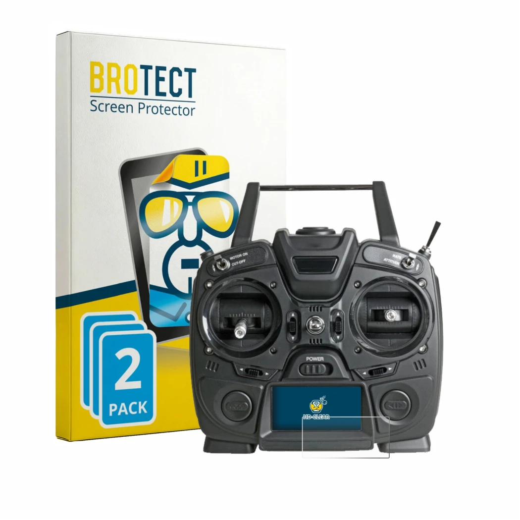Front side of a product packaging with the brand logo BROTECT. Next to it is the device Graupner MZ-10 HOTT shown with the cor