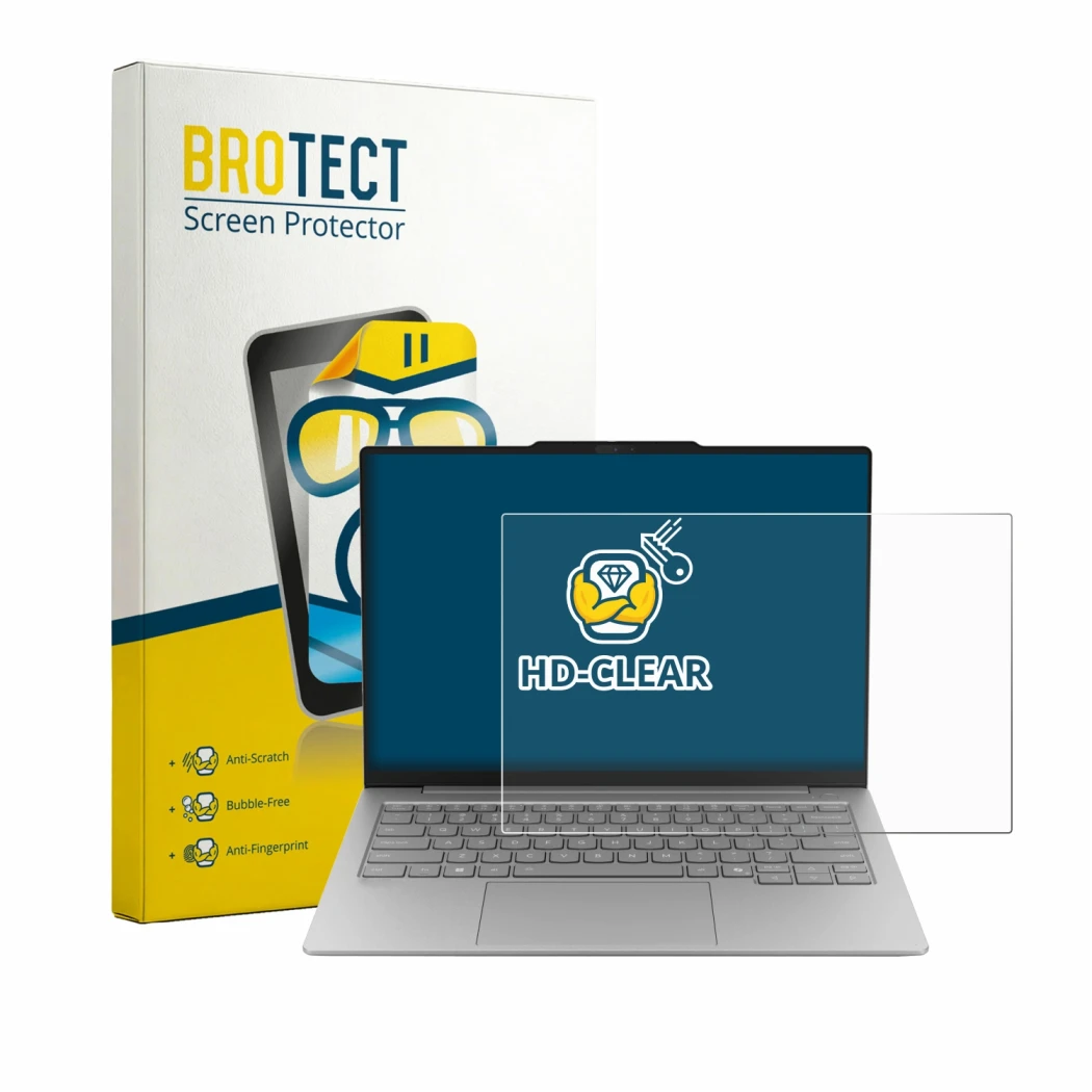 Front side of a product packaging with the brand logo BROTECT. Next to it is the device Lenovo ThinkBook 14X shown with the co