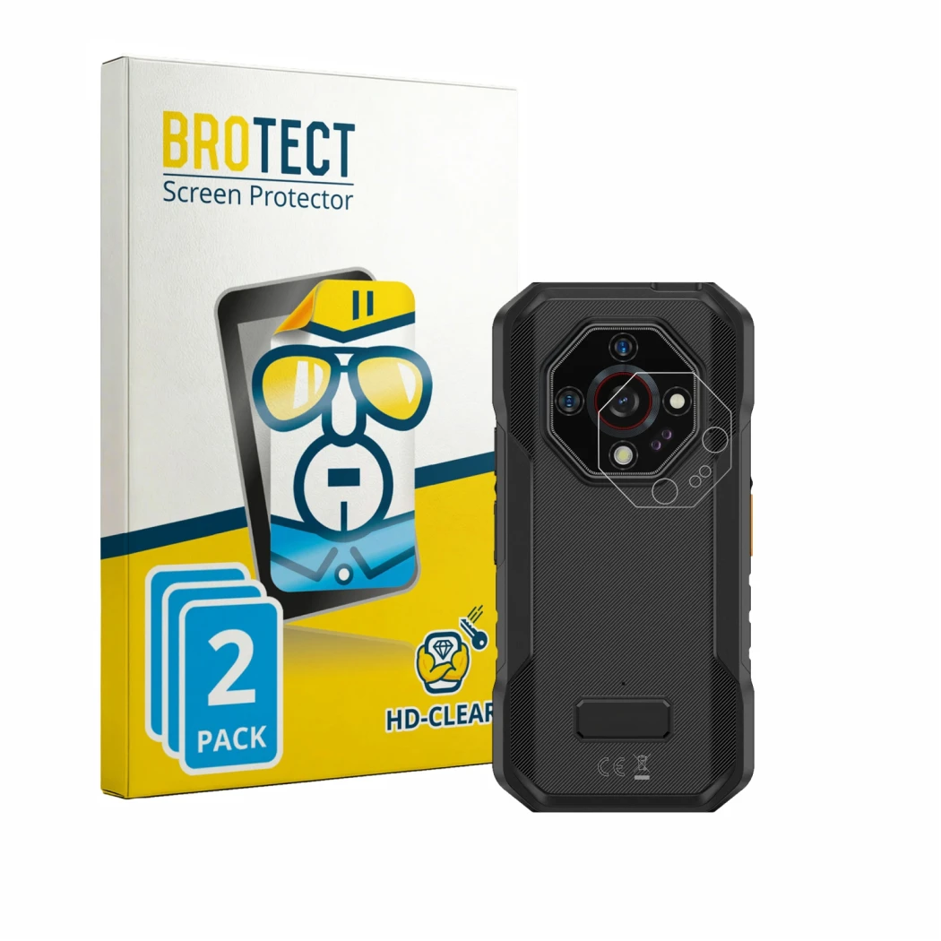 Front side of a product packaging with the brand logo BROTECT. Next to it is the device Ulefone Armor X32 Pro (ONLY Camera Len