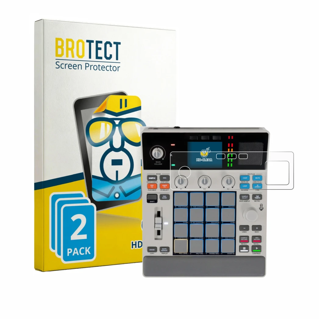 Front side of a product packaging with the brand logo BROTECT. Next to it is the device Akai MPC Sample shown with the corresp