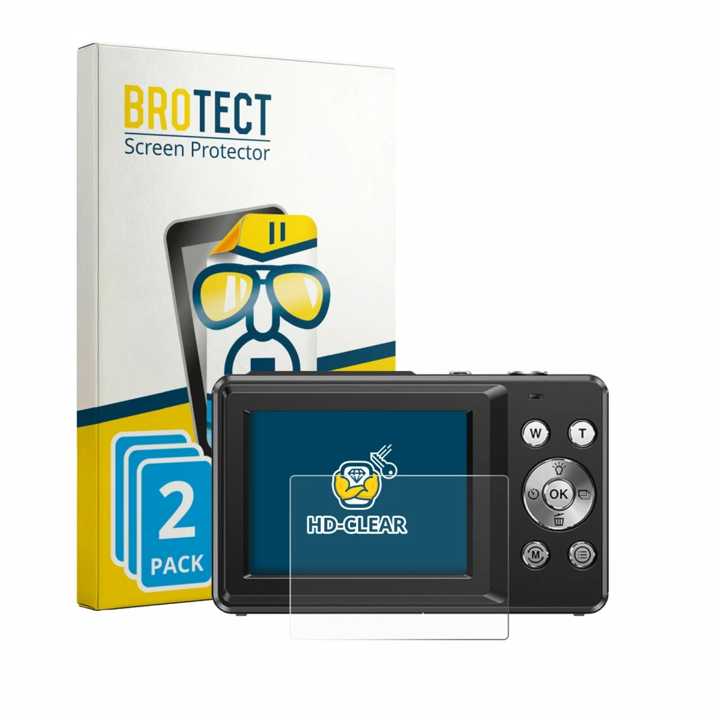 Front side of a product packaging with the brand logo BROTECT. Next to it is the device IXNAIQY Vlogging Camera for Kids shown