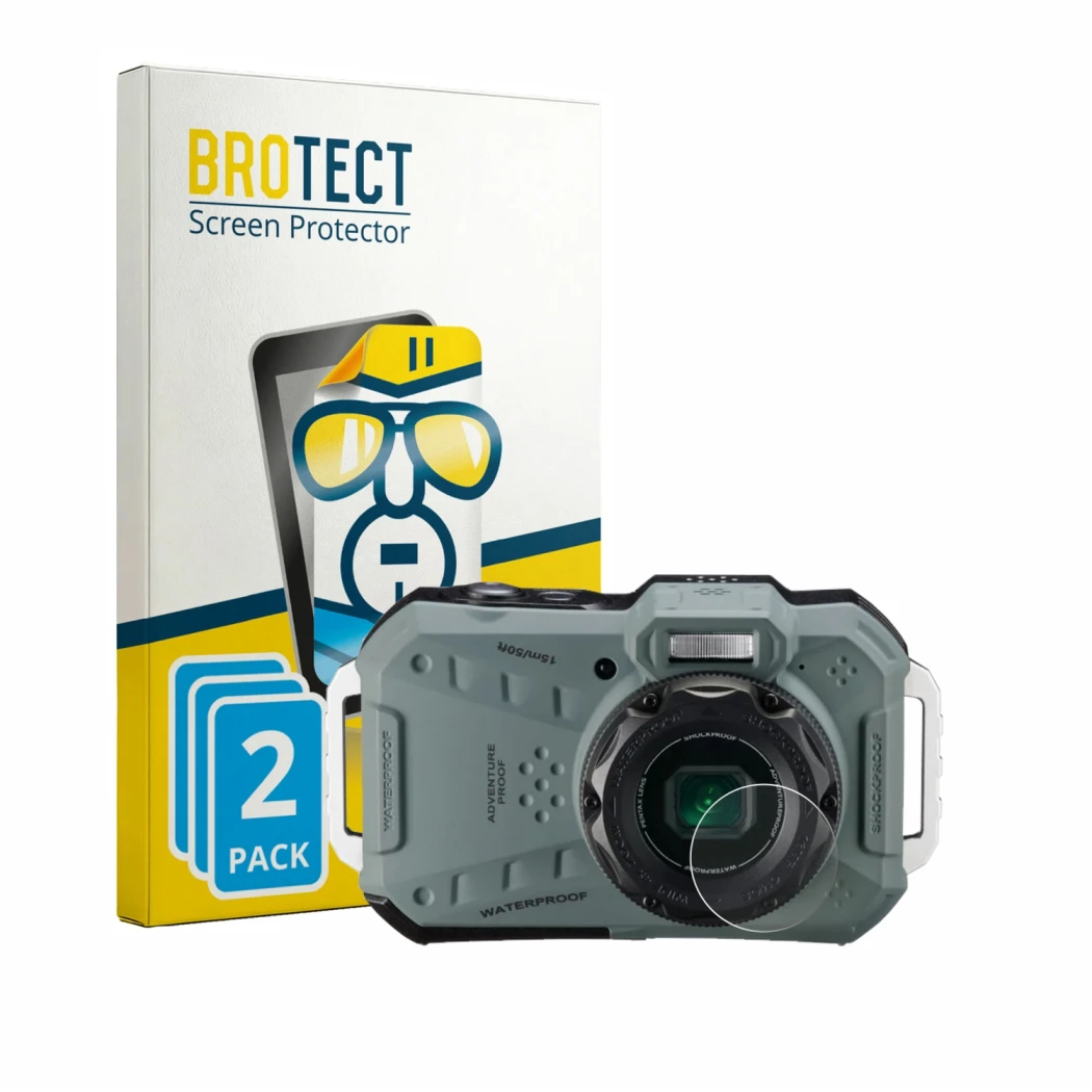 Front side of a product packaging with the brand logo BROTECT. Next to it is the device Ricoh Pentax WG-1000 (Lens) shown with