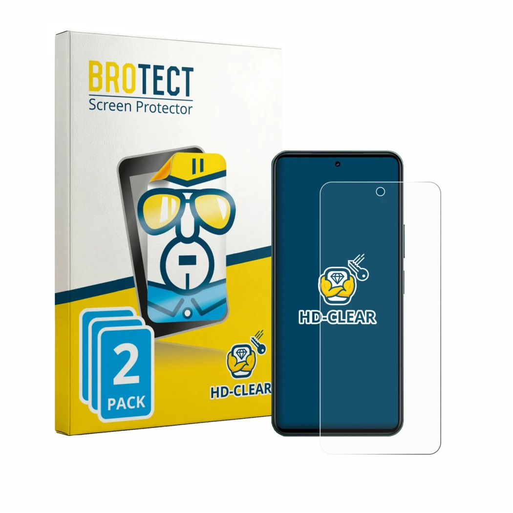 Front side of a product packaging with the brand logo BROTECT. Next to it is the device Vivo Y21d shown with the corresponding