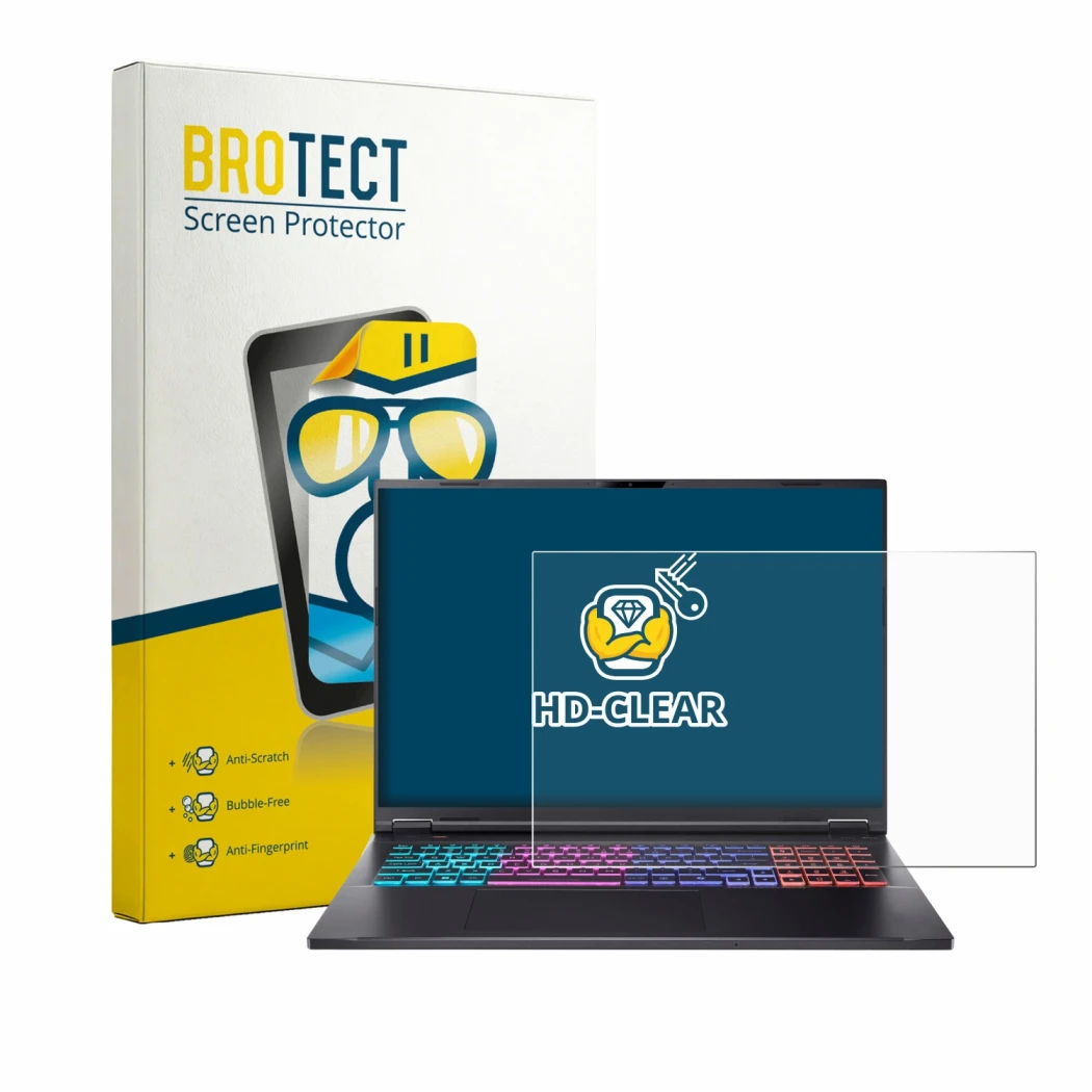 Front side of a product packaging with the brand logo BROTECT. Next to it is the device Acer Nitro 18 AI AN18-61 shown with th