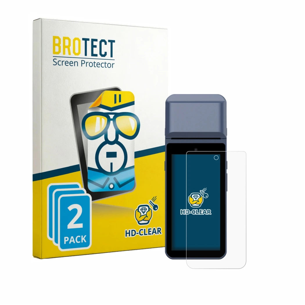 Front side of a product packaging with the brand logo BROTECT. Next to it is the device Pax M9200 shown with the corresponding