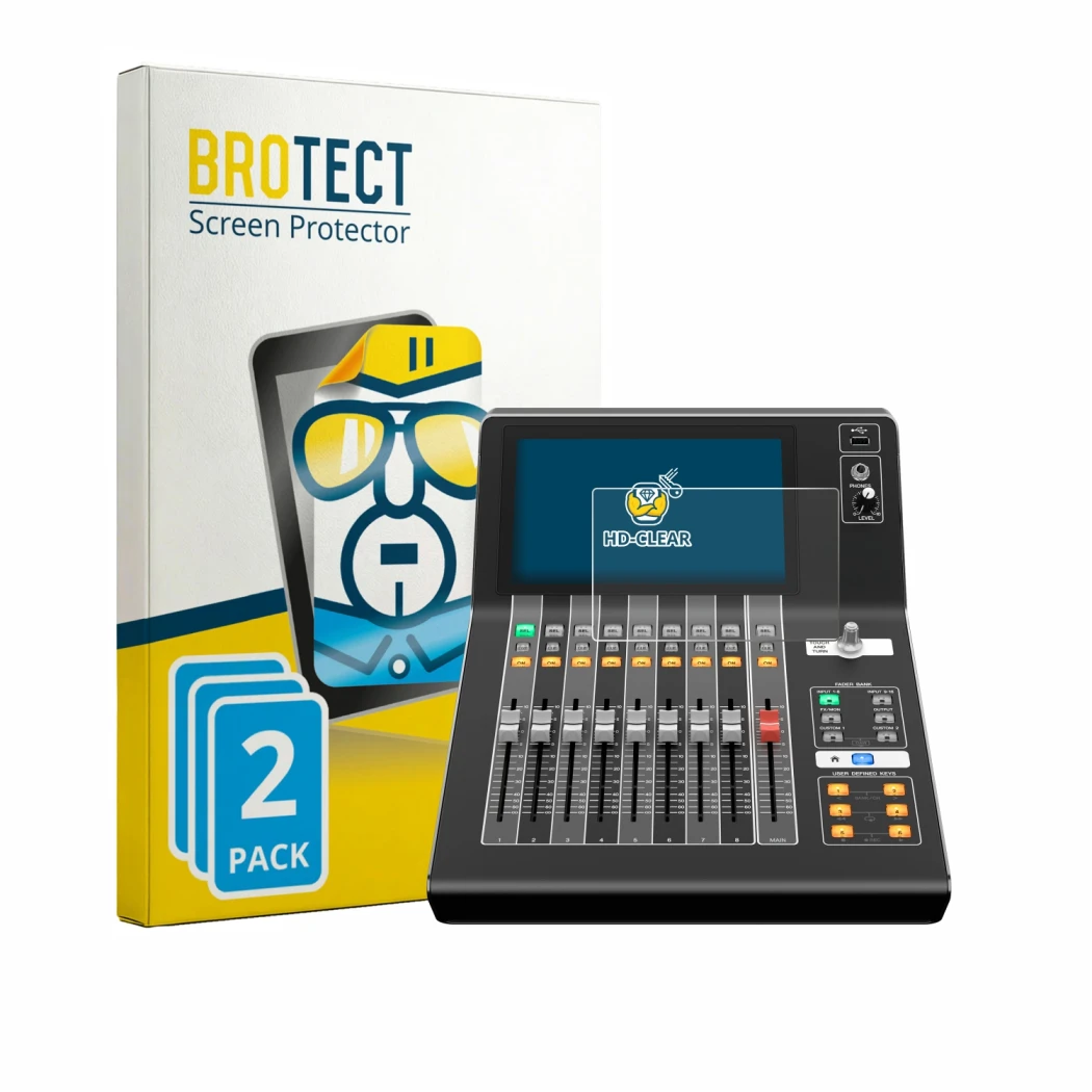 Front side of a product packaging with the brand logo BROTECT. Next to it is the device Yamaha DM3 shown with the correspondin