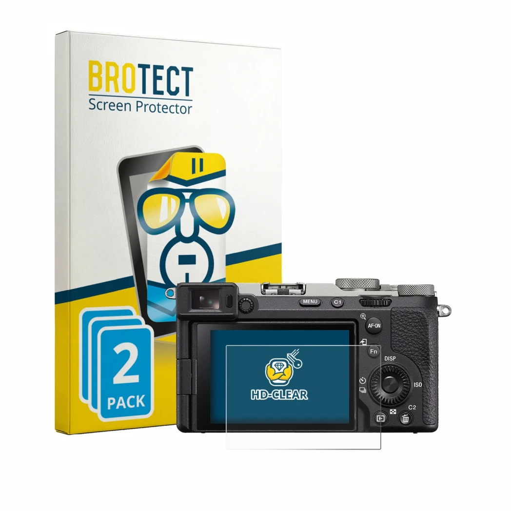Front side of a product packaging with the brand logo BROTECT. Next to it is the device Sony A7C II shown with the correspondi