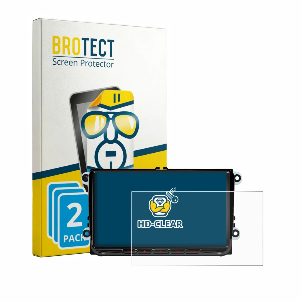 Front side of a product packaging with the brand logo BROTECT. Next to it is the device Xtrons ID90MTVL shown with the corresp