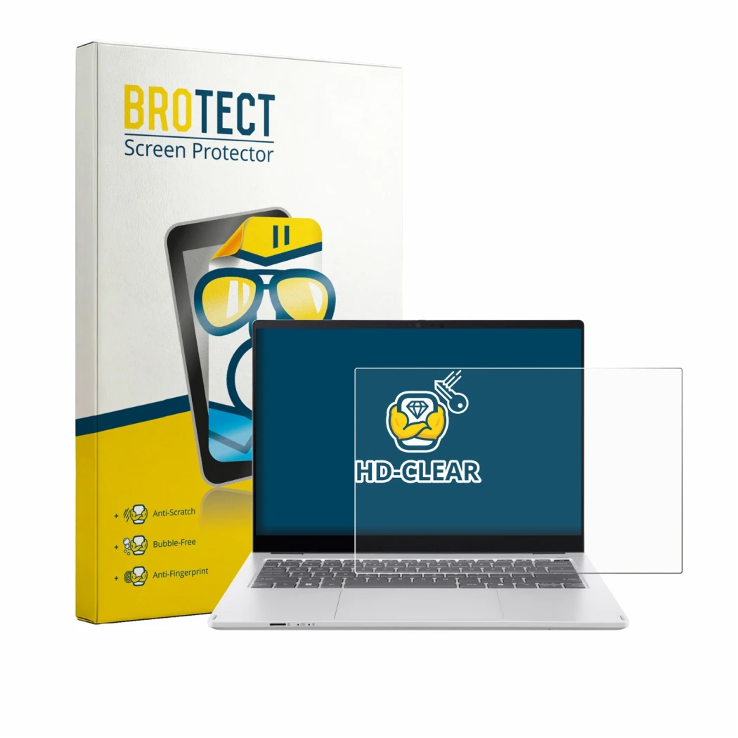 Front side of a product packaging with the brand logo BROTECT. Next to it is the device Acer Swift Spin 14 AI shown with the c
