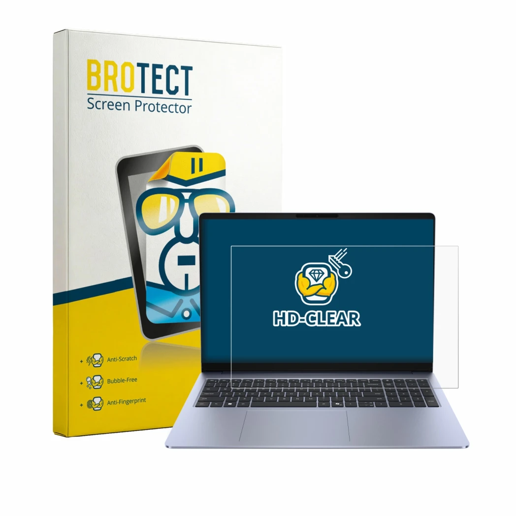 Front side of a product packaging with the brand logo BROTECT. Next to it is the device Dell 16S shown with the corresponding