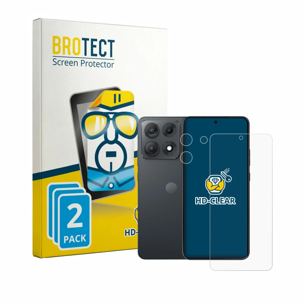 Front side of a product packaging with the brand logo BROTECT. Next to it is the device Motorola Edge 70 Max (Front+Camera) sh