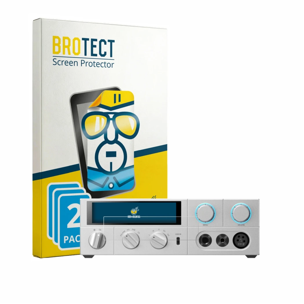 Front side of a product packaging with the brand logo BROTECT. Next to it is the device FiiO K15 shown with the corresponding